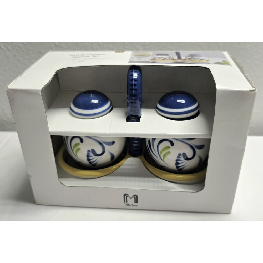 Muchoice 3-Piece Salt & Pepper Shaker Set w/ Holder Blue White Yellow NEW
